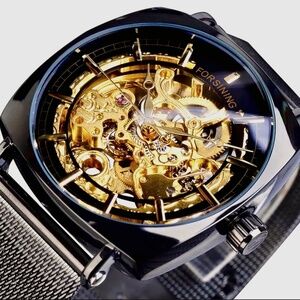 FORSINING Skeleton Transparent Mechanical Automatic Watch, Stainless Mesh Band